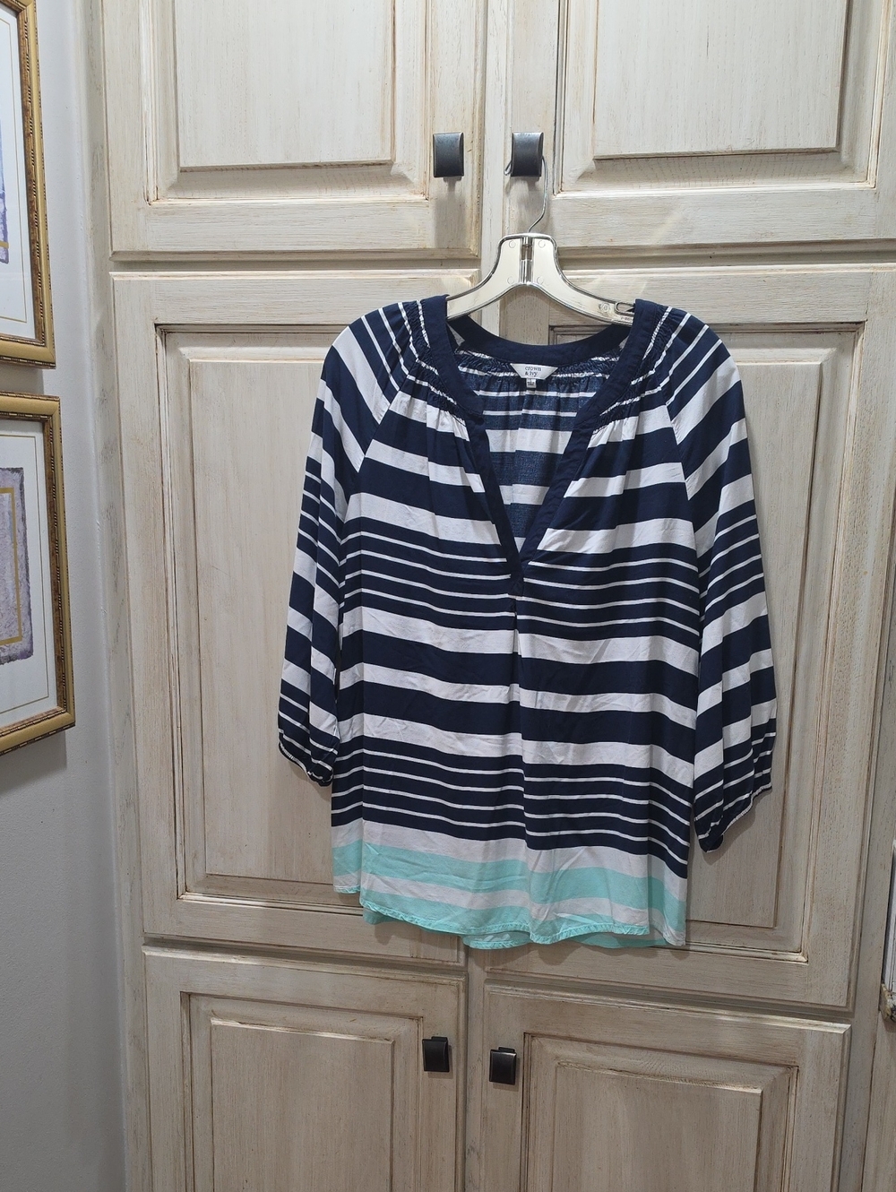 crown & ivy Navy and White Striped Peasant Top with Mint Hem